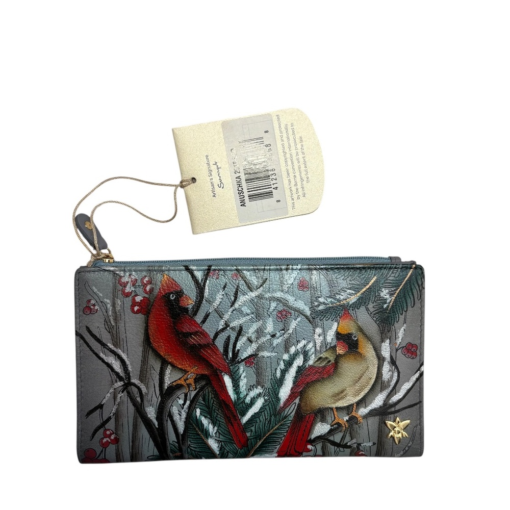 Anuschka painted cardinals clutch travel in wallet nwt